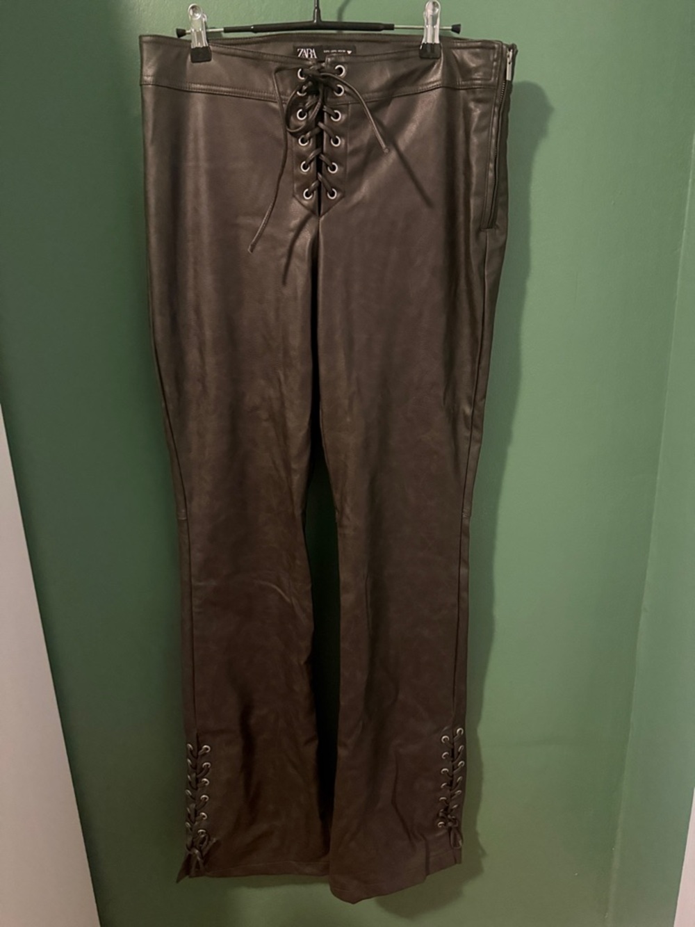 Zara Distressed Faux Leather Lace-Up Front & Hem Pants